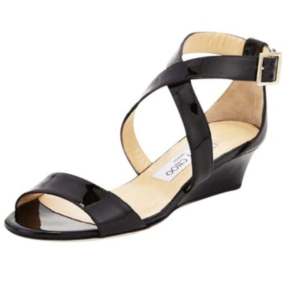 SOLD Jimmy Choo Black Patent Chiara Sandal Wedges - Picture 1 of 6